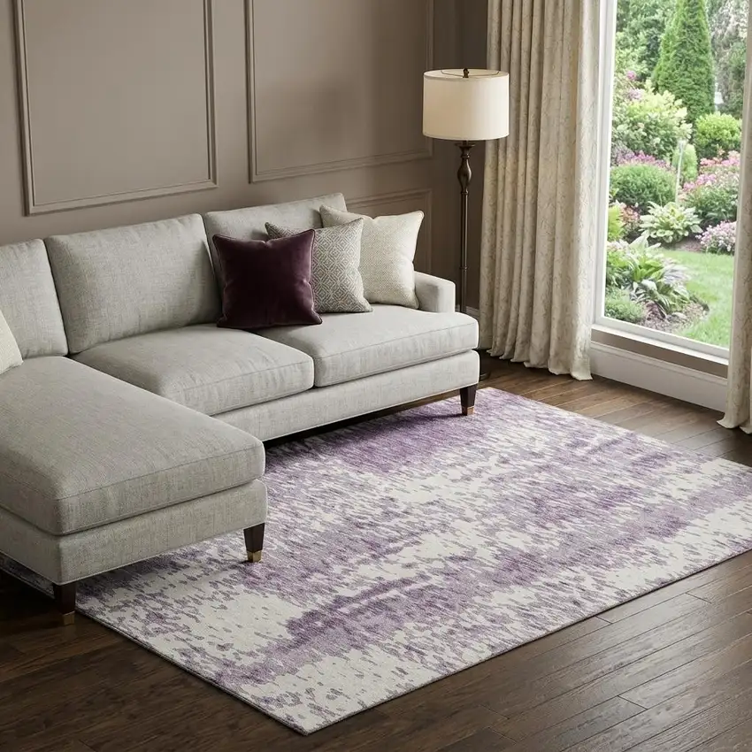 Lavender And Ivory Abstract Washable Area Rug With UV Protection Photo 1