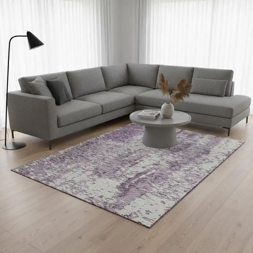 Lavender And Ivory Abstract Washable Area Rug With UV Protection Photo 2