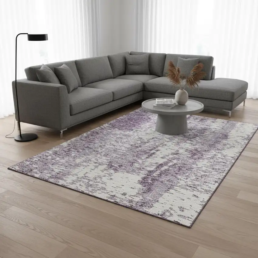 Lavender And Ivory Abstract Washable Area Rug With UV Protection Photo 2