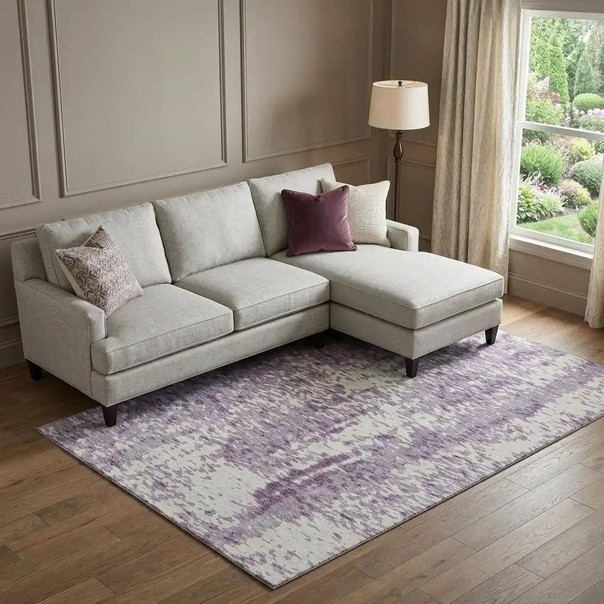 Lavender And Ivory Abstract Washable Area Rug With UV Protection Photo 1