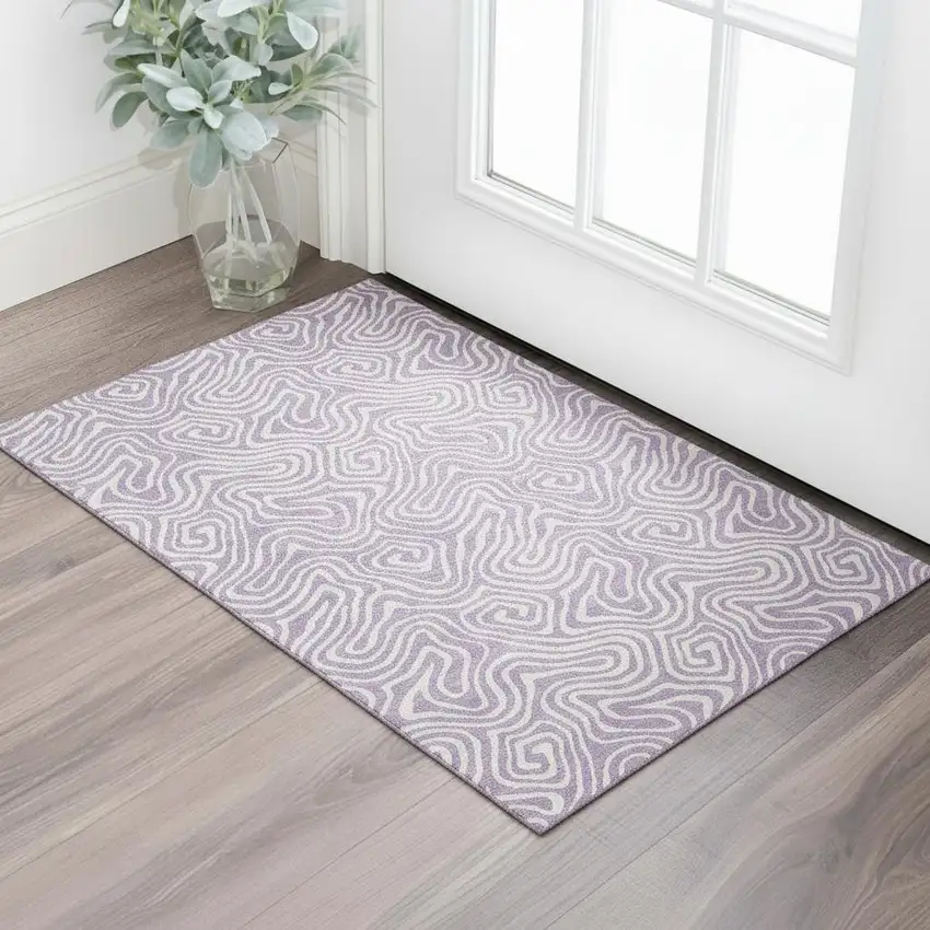 Lavender And Ivory Abstract Washable Area Rug With UV Protection Photo 2