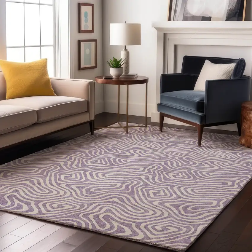 Lavender And Ivory Abstract Washable Area Rug With UV Protection Photo 4