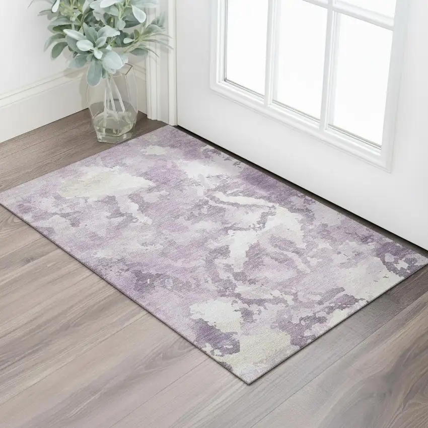 Lavender And Ivory Abstract Washable Area Rug With UV Protection Photo 2