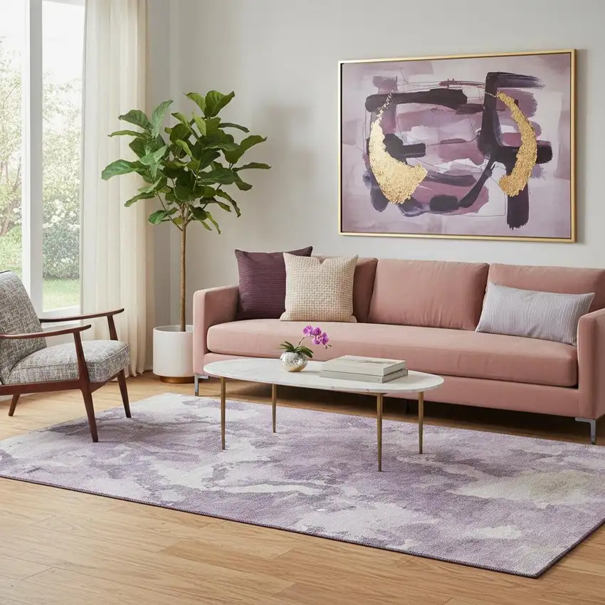 Lavender And Ivory Abstract Washable Area Rug With UV Protection Photo 2