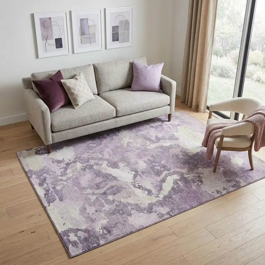 Lavender And Ivory Abstract Washable Area Rug With UV Protection Photo 1