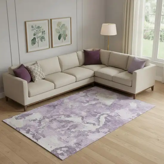 Lavender And Ivory Abstract Washable Area Rug With UV Protection Photo 2