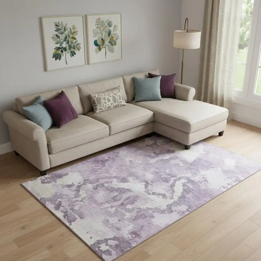 Lavender And Ivory Abstract Washable Area Rug With UV Protection Photo 2