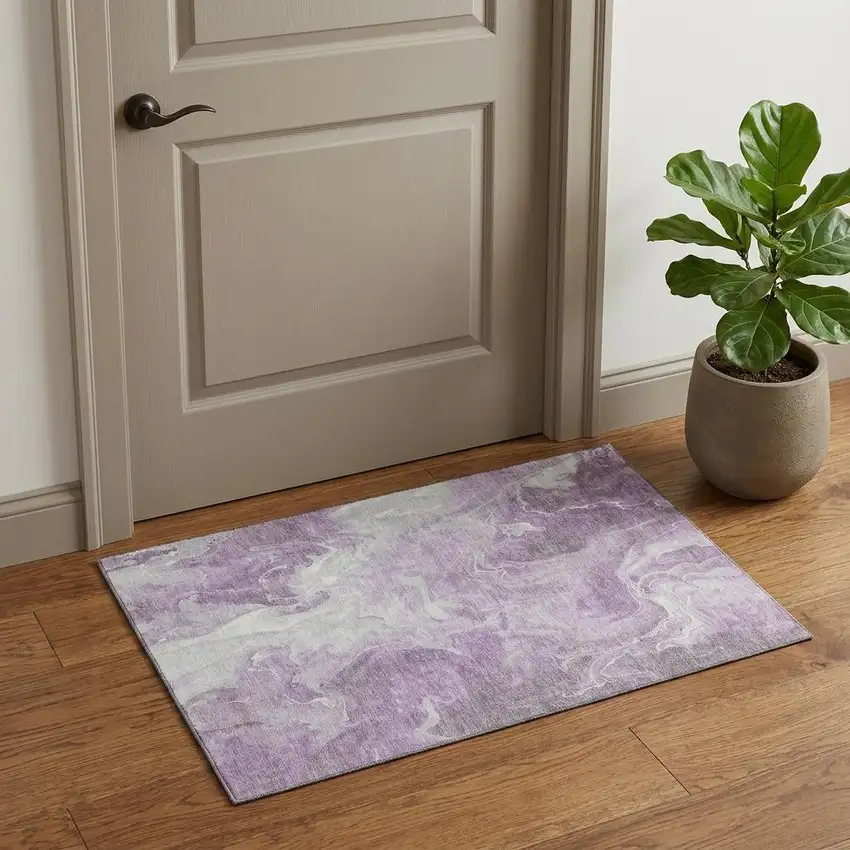 Lavender And Ivory Abstract Washable Area Rug With UV Protection Photo 1