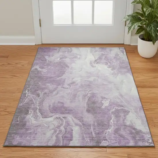 Lavender And Ivory Abstract Washable Area Rug With UV Protection Photo 2