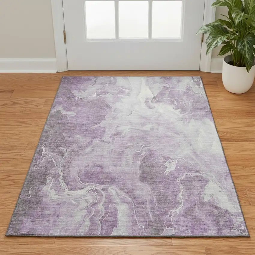 Lavender And Ivory Abstract Washable Area Rug With UV Protection Photo 2