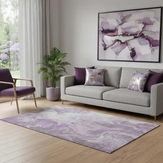 Lavender And Ivory Abstract Washable Area Rug With UV Protection Photo 2