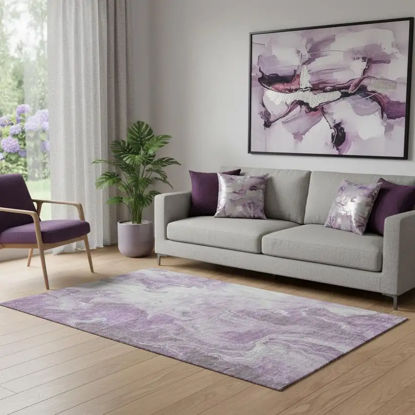 Lavender And Ivory Abstract Washable Area Rug With UV Protection Photo 2