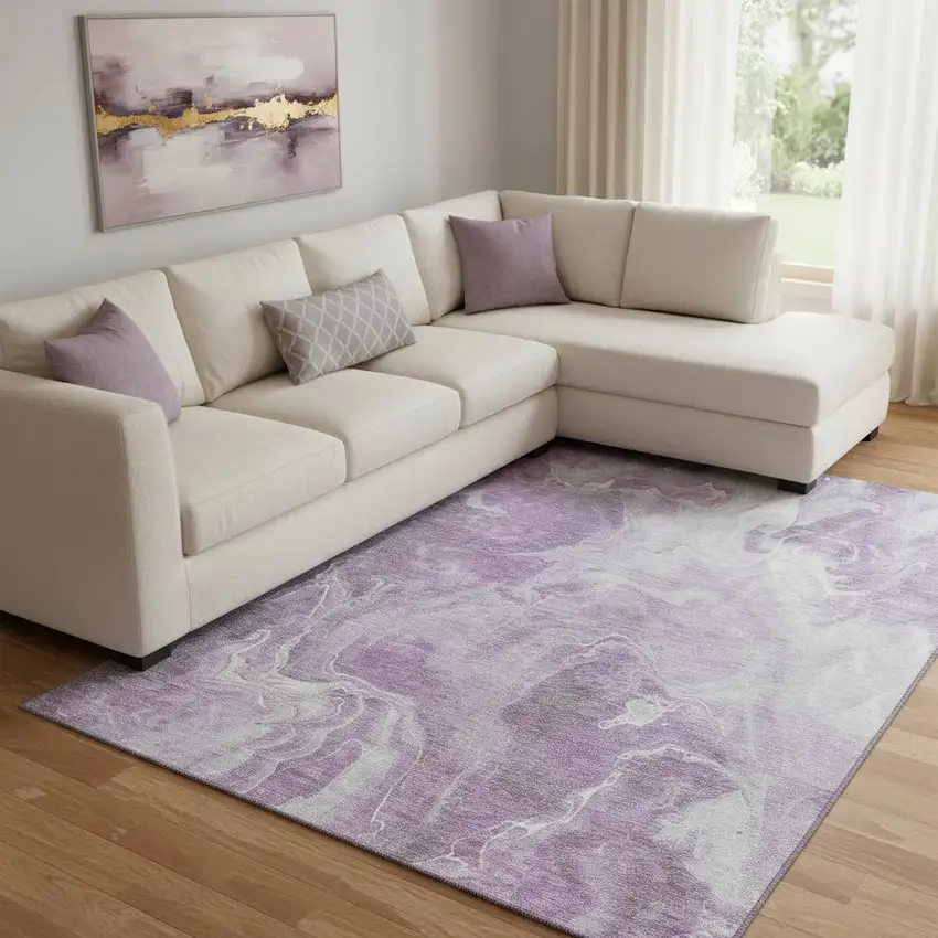 Lavender And Ivory Abstract Washable Area Rug With UV Protection Photo 2