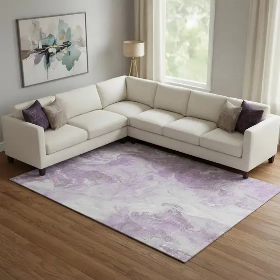 Lavender And Ivory Abstract Washable Area Rug With UV Protection Photo 2