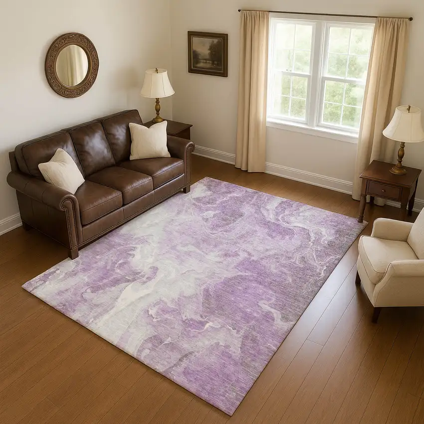Lavender And Ivory Abstract Washable Area Rug With UV Protection Photo 4