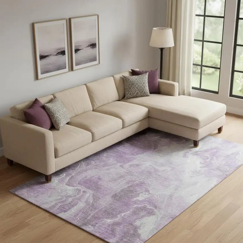 Lavender And Ivory Abstract Washable Area Rug With UV Protection Photo 2