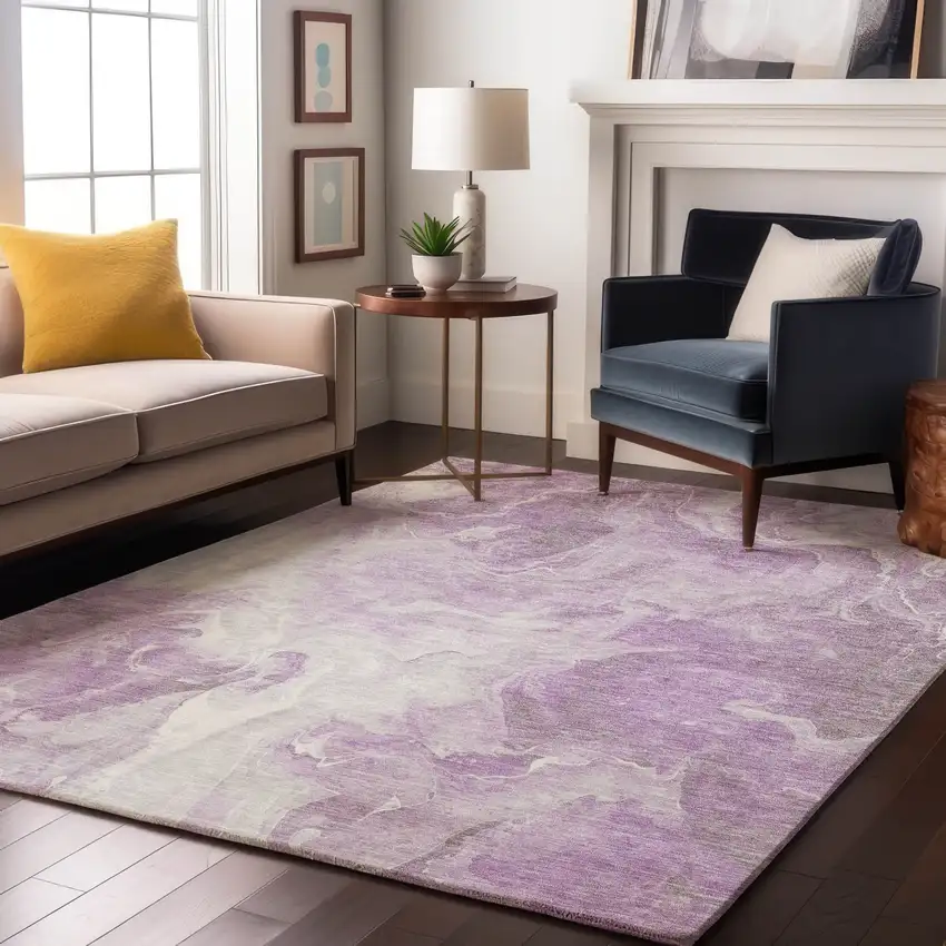 Lavender And Ivory Abstract Washable Area Rug With UV Protection Photo 4