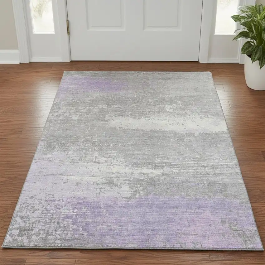 Lavender And Ivory Abstract Washable Area Rug With UV Protection Photo 2