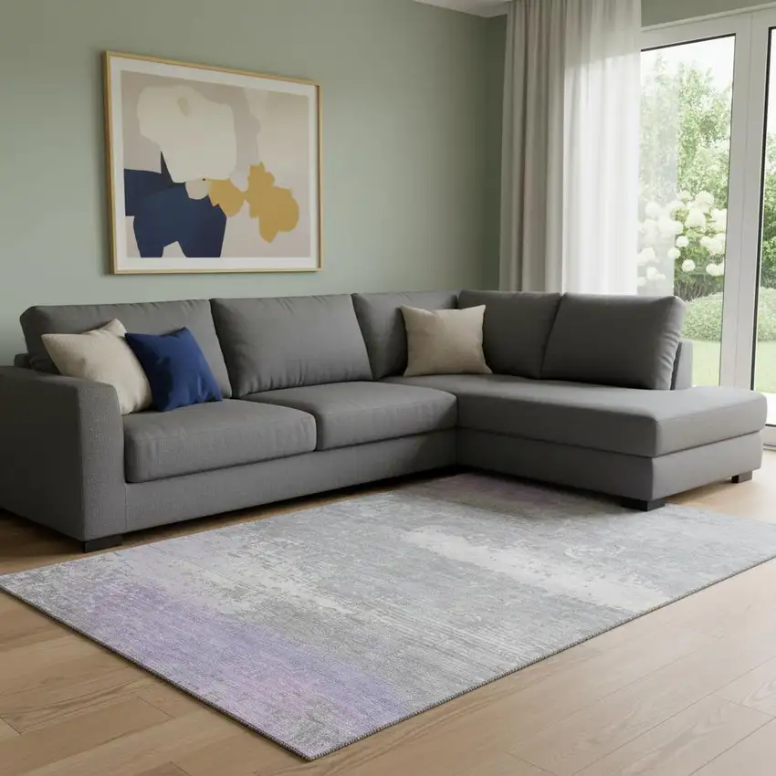 Lavender And Ivory Abstract Washable Area Rug With UV Protection Photo 2