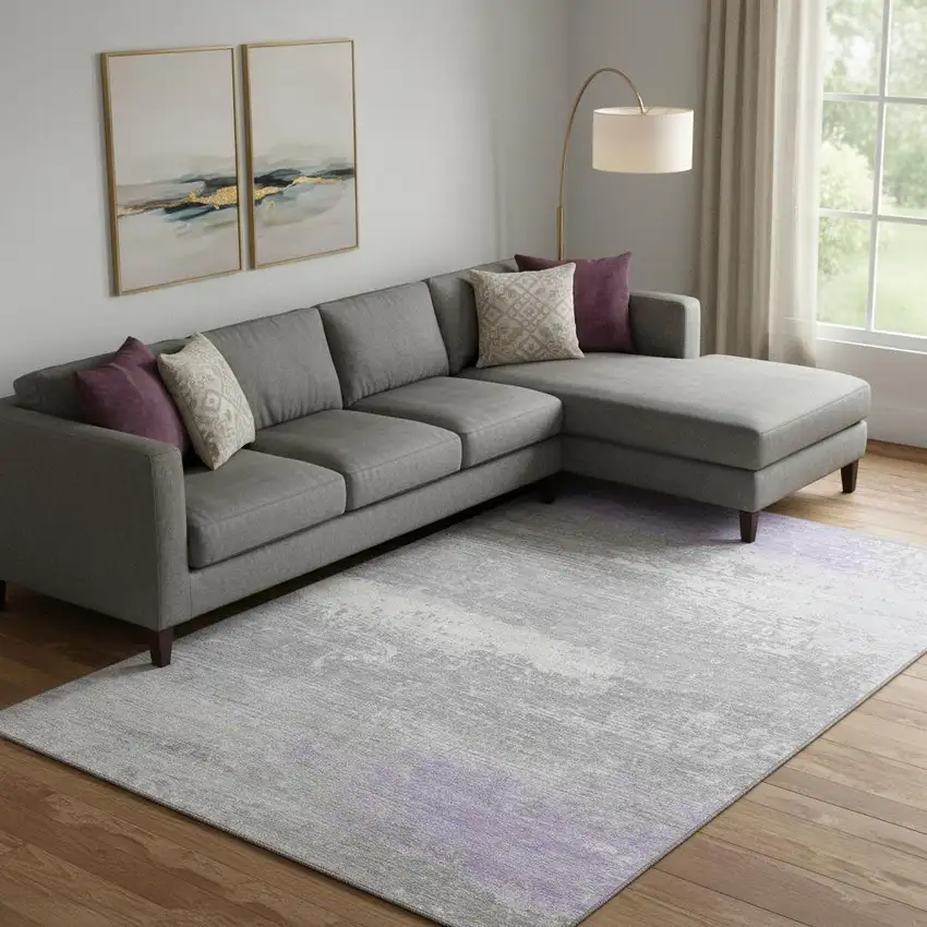 Lavender And Ivory Abstract Washable Area Rug With UV Protection Photo 2