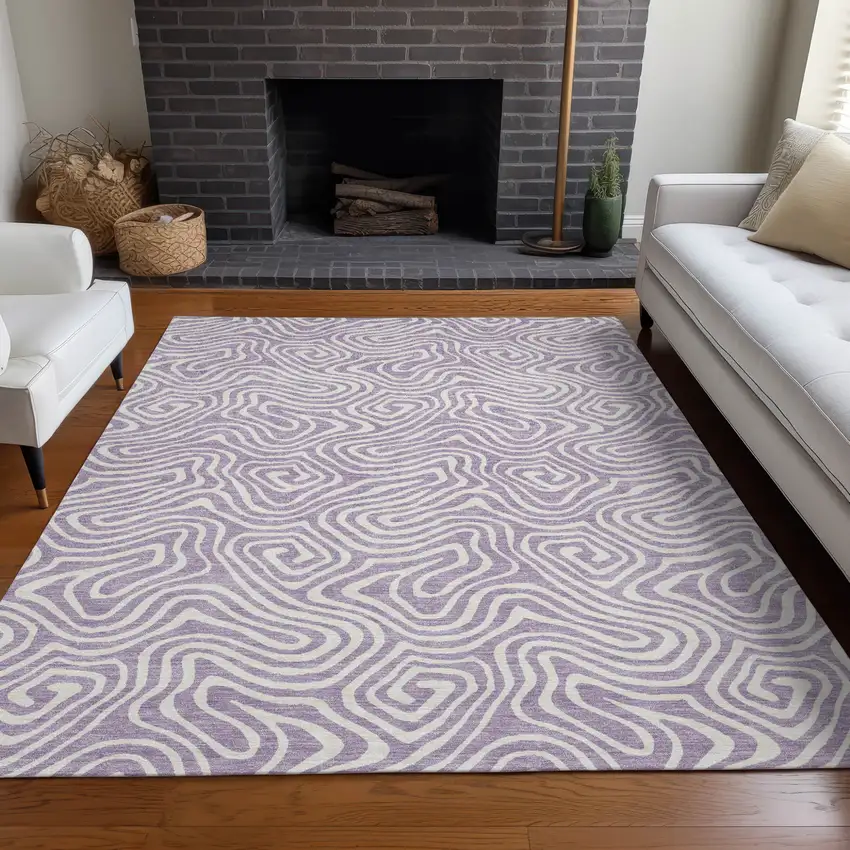 Lavender And Ivory Abstract Washable Indoor Outdoor Area Rug Photo 9