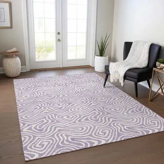 Lavender And Ivory Abstract Washable Indoor Outdoor Area Rug Photo 9