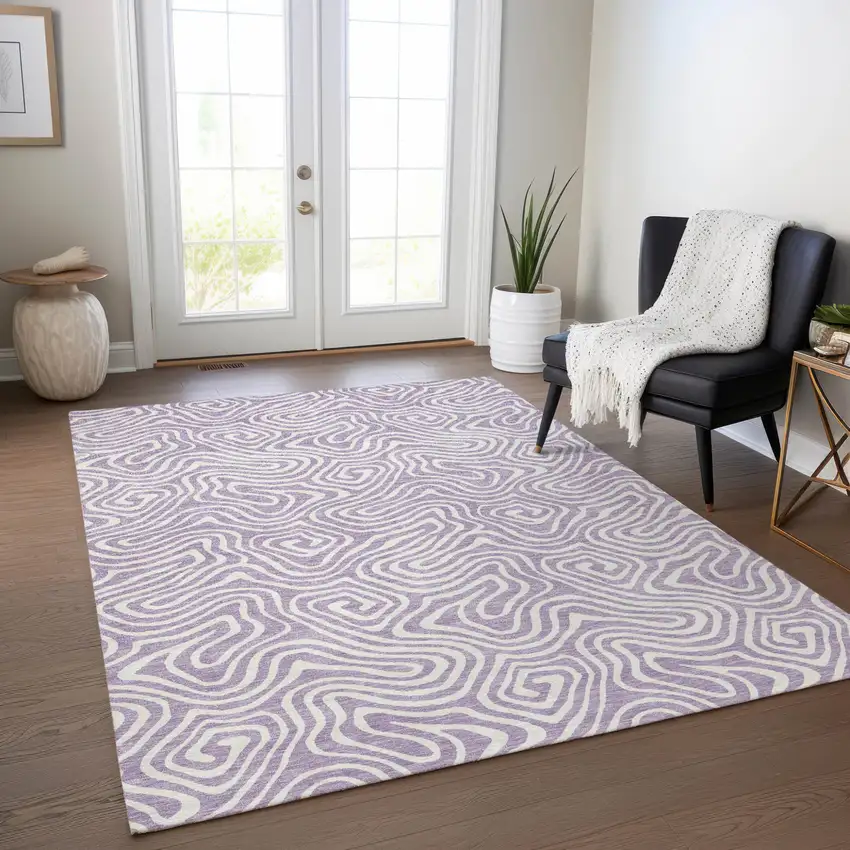 Lavender And Ivory Abstract Washable Indoor Outdoor Area Rug Photo 9