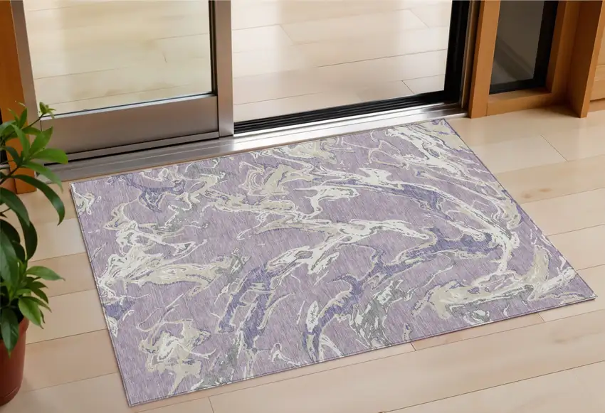 Lavender And Ivory Abstract Washable Indoor Outdoor Area Rug Photo 1