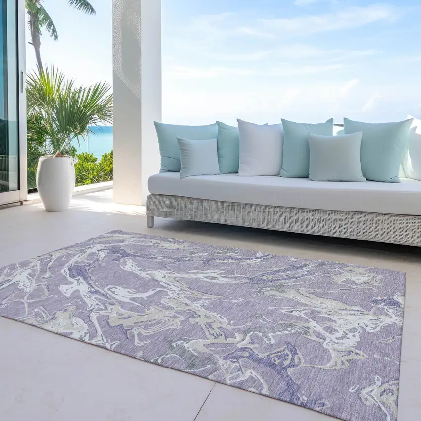 Lavender And Ivory Abstract Washable Indoor Outdoor Area Rug Photo 9
