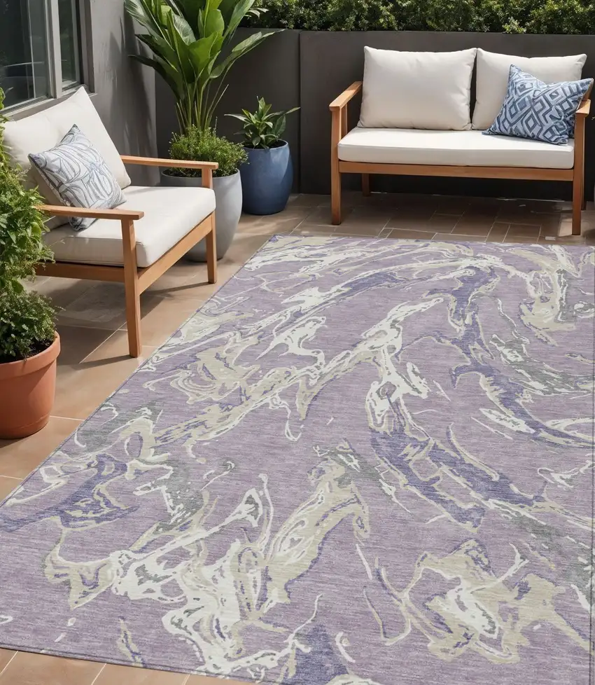Lavender And Ivory Abstract Washable Indoor Outdoor Area Rug Photo 1