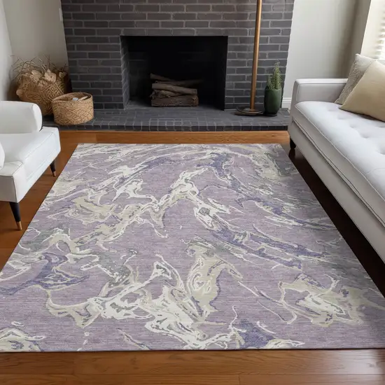 Lavender And Ivory Abstract Washable Indoor Outdoor Area Rug Photo 9