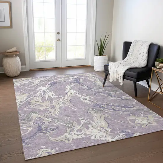 Lavender And Ivory Abstract Washable Indoor Outdoor Area Rug Photo 9