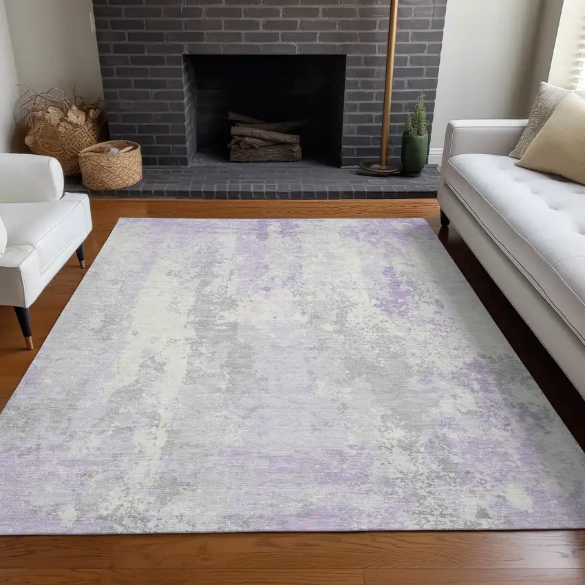Lavender And Ivory Abstract Washable Indoor Outdoor Area Rug Photo 7