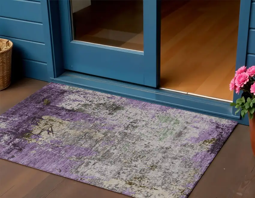 Lavender And Ivory Abstract Washable Indoor Outdoor Area Rug Photo 2