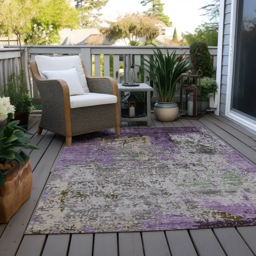 Lavender And Ivory Abstract Washable Indoor Outdoor Area Rug Photo 4