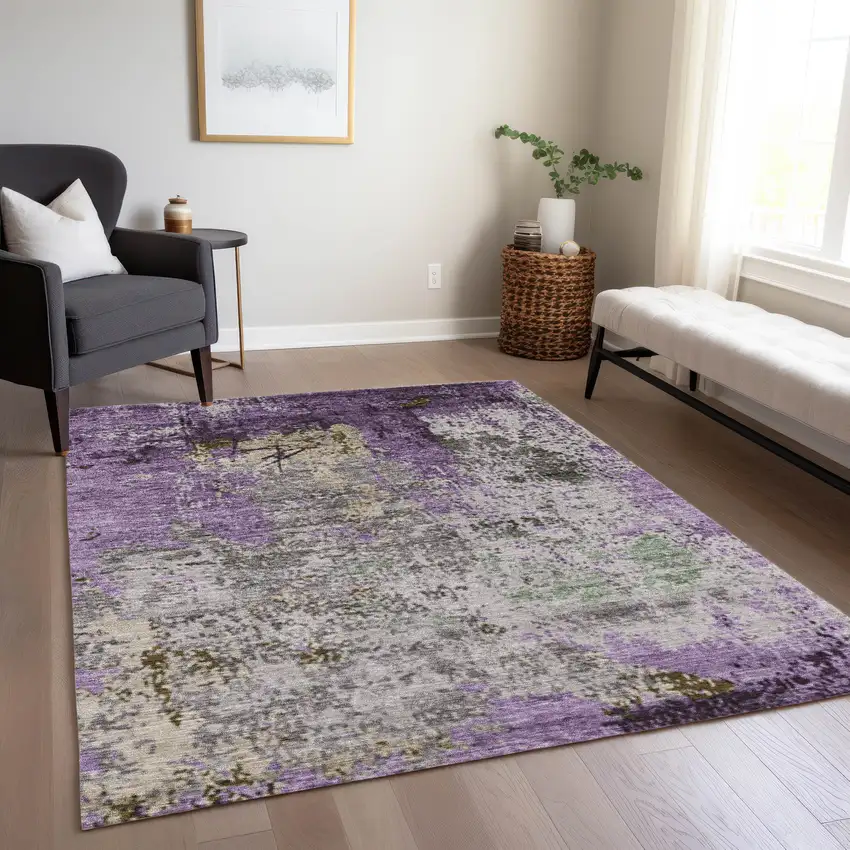 Lavender And Ivory Abstract Washable Indoor Outdoor Area Rug Photo 6