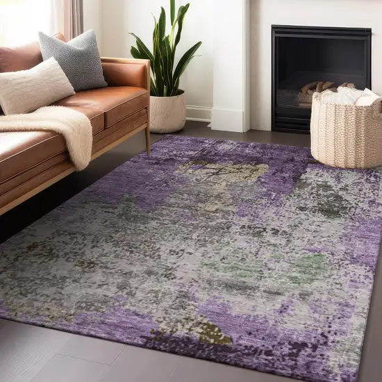 Lavender And Ivory Abstract Washable Indoor Outdoor Area Rug Photo 6