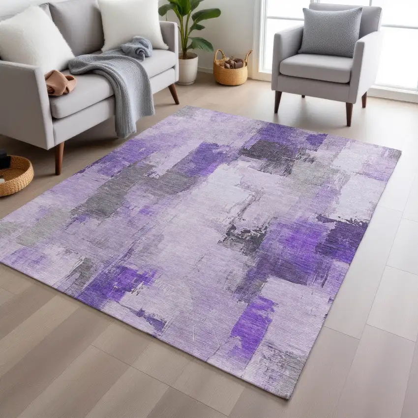 Lavender And Ivory Abstract Washable Indoor Outdoor Area Rug Photo 5