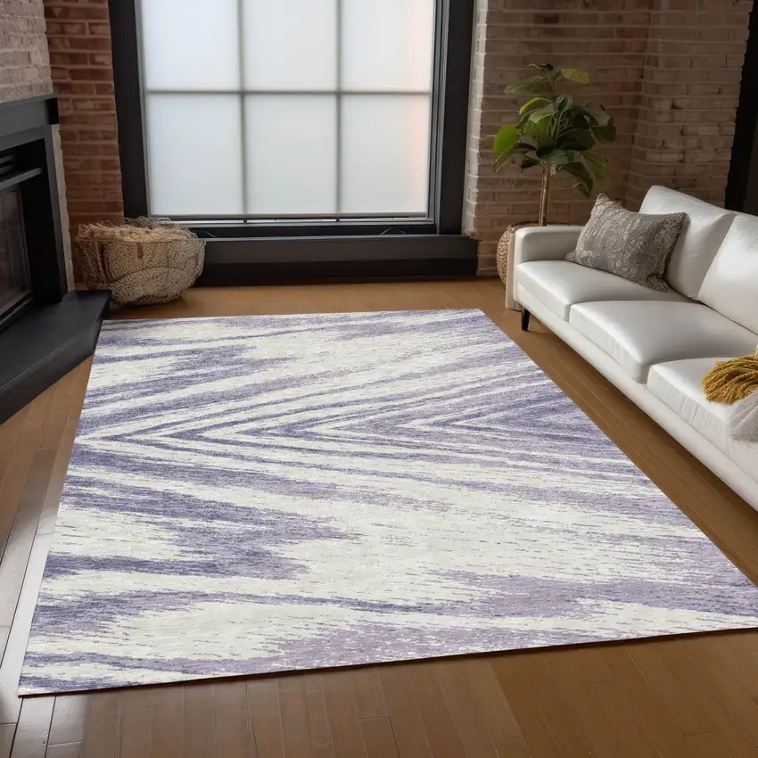 Lavender And Ivory Abstract Washable Indoor Outdoor Area Rug Photo 9