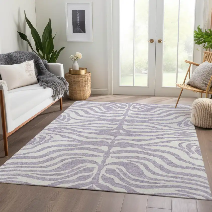 Lavender And Ivory Animal Print Washable Area Rug With UV Protection Photo 5