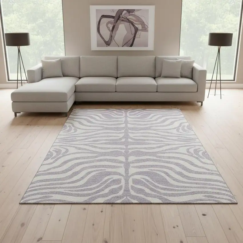 Lavender And Ivory Animal Print Washable Area Rug With UV Protection Photo 2