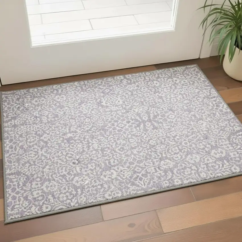 Lavender And Ivory Damask Washable Area Rug With UV Protection Photo 2