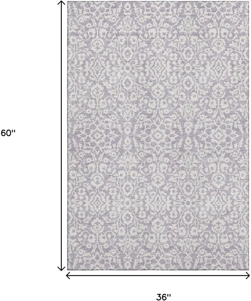 Lavender And Ivory Damask Washable Area Rug With UV Protection Photo 3