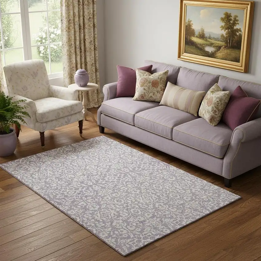 Lavender And Ivory Damask Washable Area Rug With UV Protection Photo 1