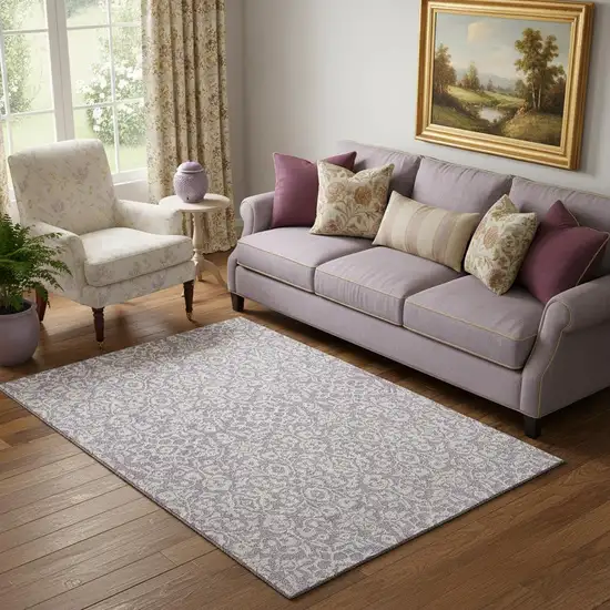 Lavender And Ivory Damask Washable Area Rug With UV Protection Photo 1
