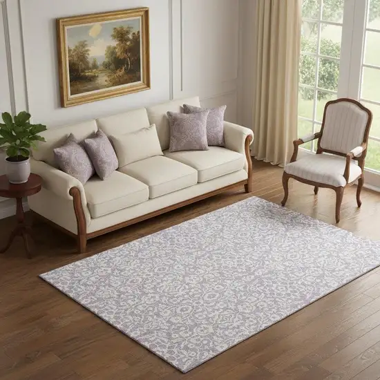 Lavender And Ivory Damask Washable Area Rug With UV Protection Photo 2
