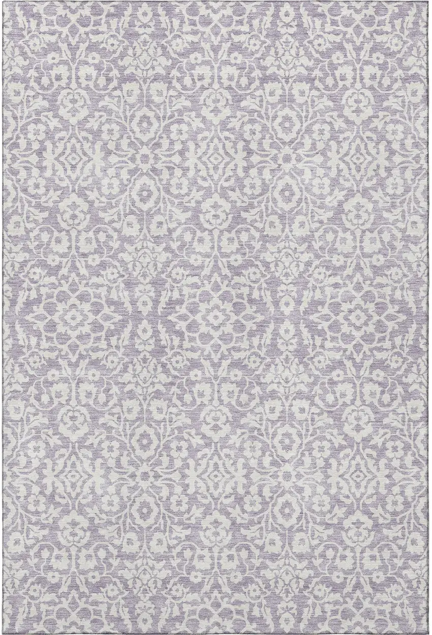 Lavender And Ivory Damask Washable Area Rug With UV Protection Photo 4