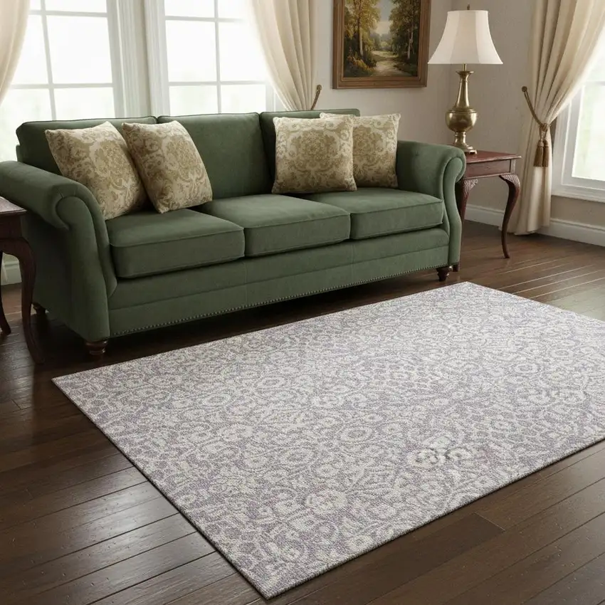Lavender And Ivory Damask Washable Area Rug With UV Protection Photo 2