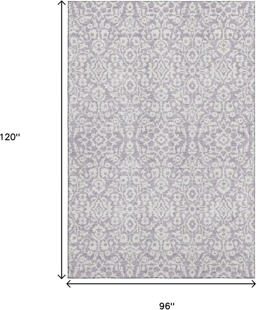 Lavender And Ivory Damask Washable Area Rug With UV Protection Photo 9