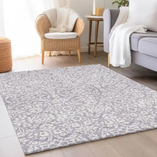 Lavender And Ivory Damask Washable Area Rug With UV Protection Photo 5